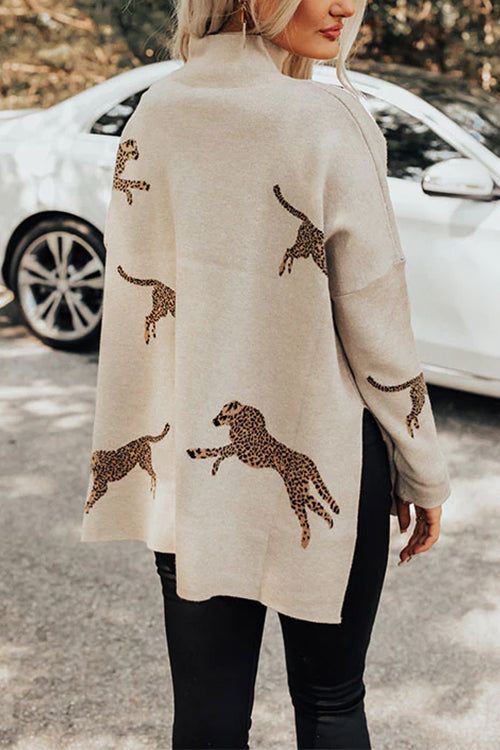 Margovil High Neck Side Slit Cheetah Pattern Sweater