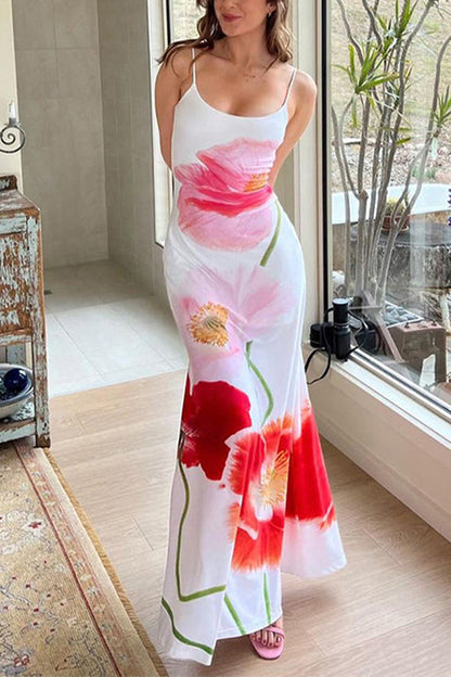 Margovil Spaghetti Strap Backless Floral Print Maxi Vacation Dress