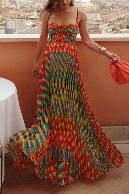 Spaghetti Strap Contrast Print Swing Maxi Vacation Dress