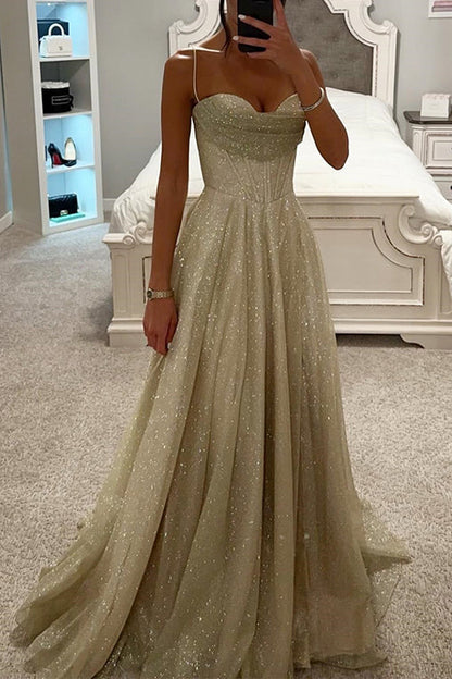 Robe longue de soirée en tulle scintillant à bretelles spaghetti Margovil