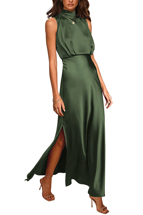 Margovil Sleeveless Mockneck Side Split Maxi Satin Dress