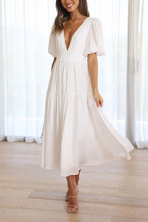 Margovil V Neck Lantern Sleeves Waisted Ruffle Maxi Dress