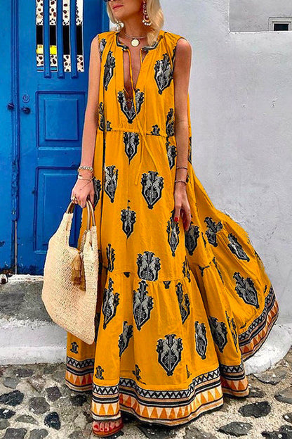 Margovil Tassle Deep V Neck Sleeveless Printed Maxi Swing Holiday Dress