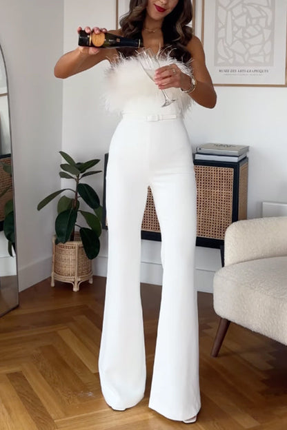 Margovil Strapless Feather Tube Top Flare Bottoms Jumpsuit