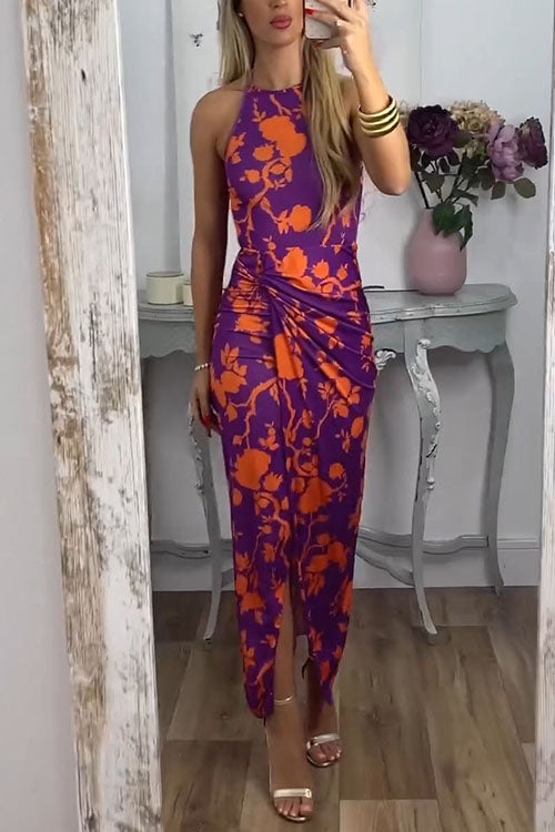 Margovil Halter Twist Front Slit Floral Printed Maxi Dress