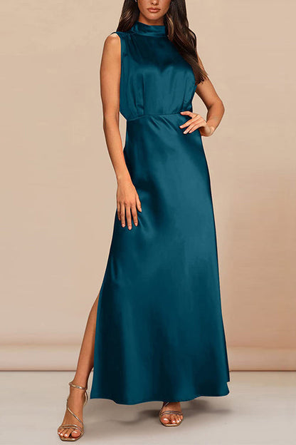 Margovil Sleeveless Mockneck Side Split Maxi Satin Dress