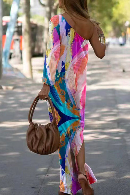 Margovil One Shoulder Long Sleeve Tie Dye Maxi Holiday Dress