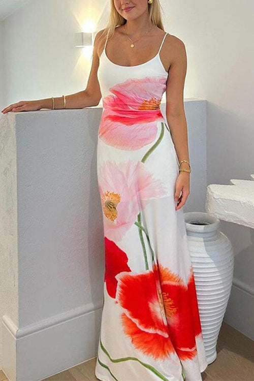 Margovil Spaghetti Strap Backless Floral Print Maxi Vacation Dress