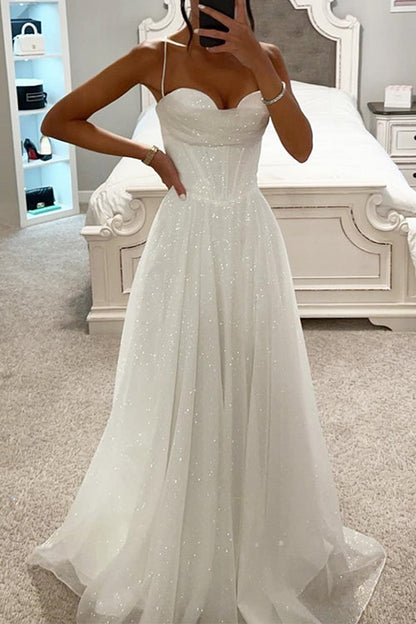 Robe longue de soirée en tulle scintillant à bretelles spaghetti Margovil