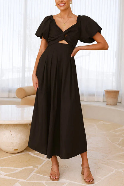 Margovil V Neck Twist Front Puff Sleeves Cut Out Maxi Dress