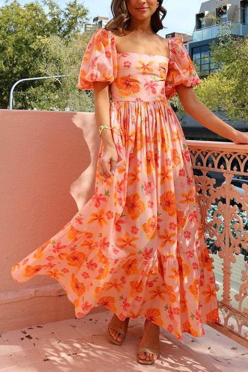 Margovil Square Neck Puff Sleeves Floral Print Ruffle Maxi Dress