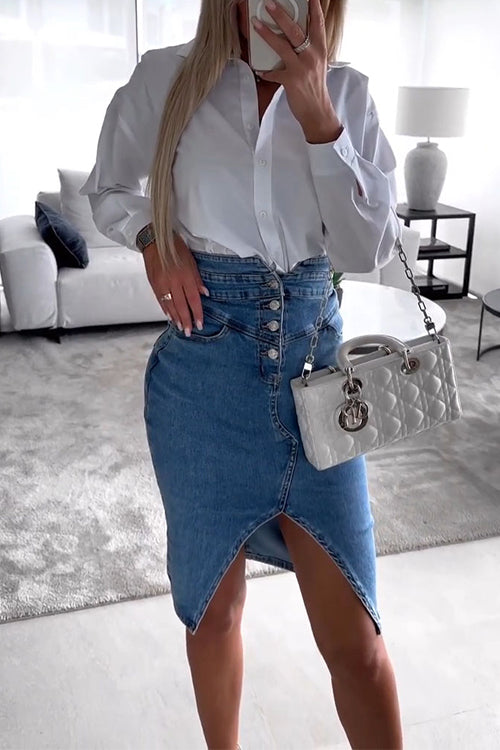 Margovil High Waist Slit Front Knee Length Denim Skirt