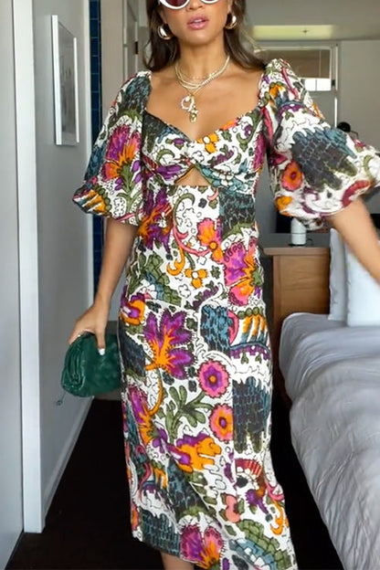 Twist Front Puff Sleeves Cut Out Printed Midi Dress