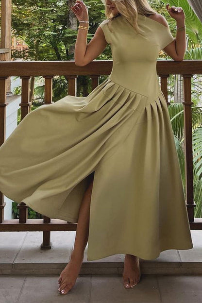 Margovil Elegant Asymmetric Shoulder Pleated Swing Maxi Dress