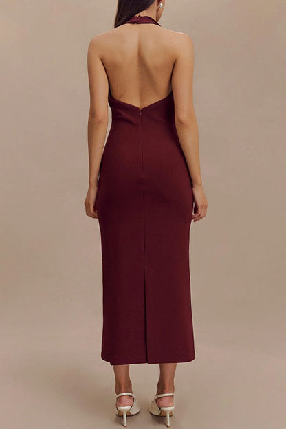 Margovil Halter V Neck Backless Buttons Bodycon Midi Dress