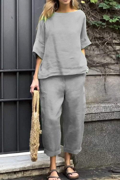 Margovil Cotton Linen Half Sleeves Pullover Top Wide Leg Tapered Pants Set