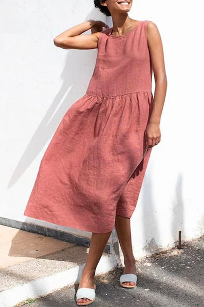 Margovil Solid Sleeveless Cotton Linen Midi Sundress