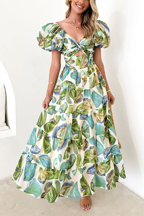 Margovil Twist Front Puff Sleeves Ruffle Tiered Printed Maxi Dress