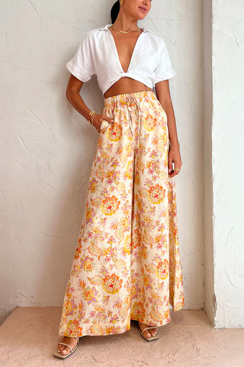 Button Up Long Sleeves Shirt Wide Leg Palazzo Pants Floral Printed Set