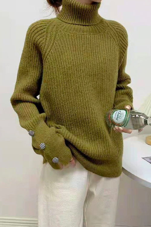 Margovil Turtleneck Raglan Sleeves Buttons Slouchy Sweater