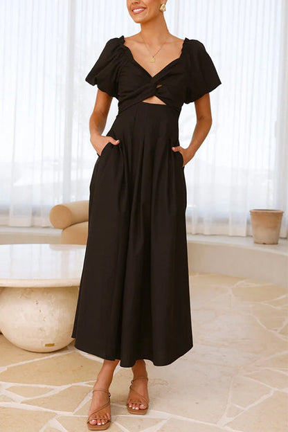 Margovil V Neck Twist Front Puff Sleeves Cut Out Maxi Dress