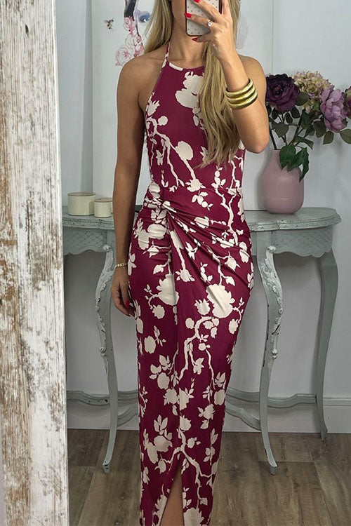 Margovil Halter Twist Front Slit Floral Printed Maxi Dress