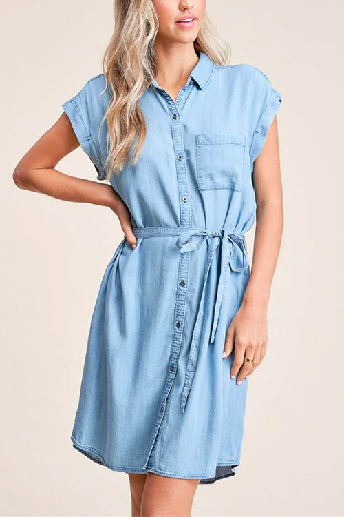 Margovil Short Sleeves Tie Waist Button Down Denim Shirt Dress