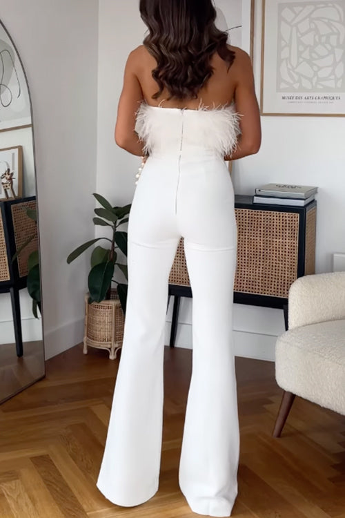 Margovil Strapless Feather Tube Top Flare Bottoms Jumpsuit