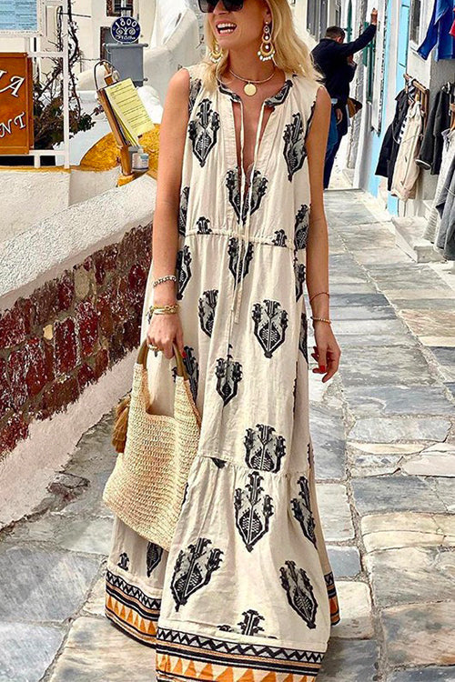 Margovil Tassle Deep V Neck Sleeveless Printed Maxi Swing Holiday Dress