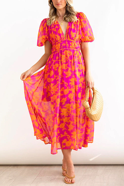 Margovil V Neck Puff Sleeves High Waist Printed Flowy Dress