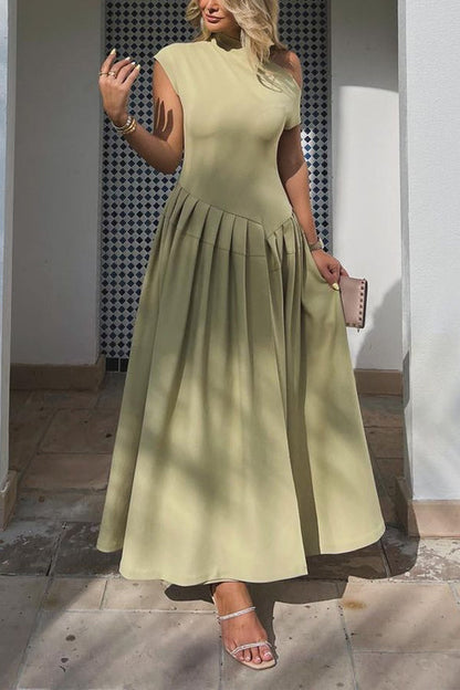 Margovil Elegant Asymmetric Shoulder Pleated Swing Maxi Dress