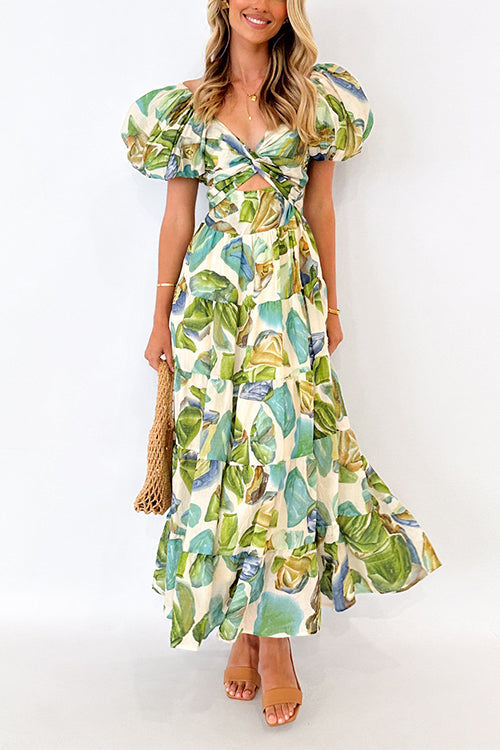 Margovil Twist Front Puff Sleeves Ruffle Tiered Printed Maxi Dress