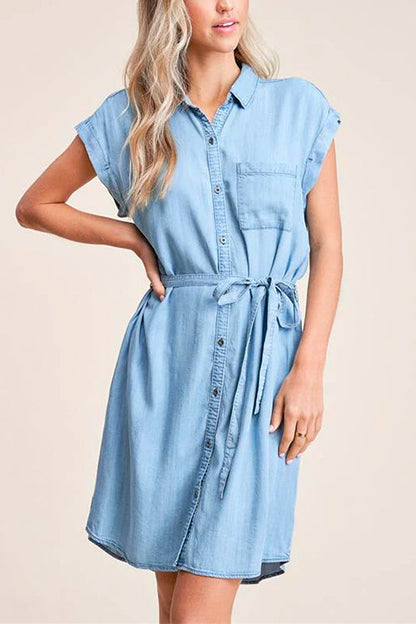 Margovil Short Sleeves Tie Waist Button Down Denim Shirt Dress