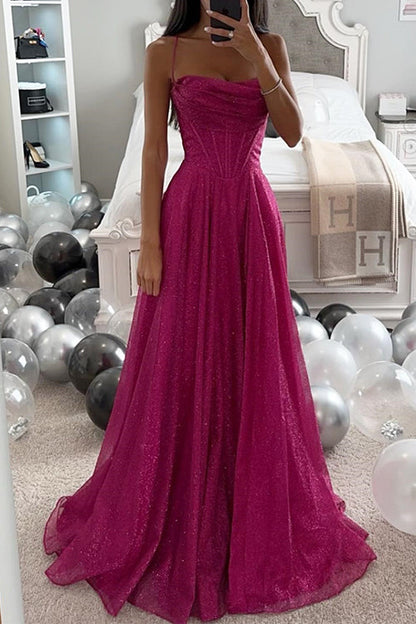 Robe longue de soirée en tulle scintillant à bretelles spaghetti Margovil