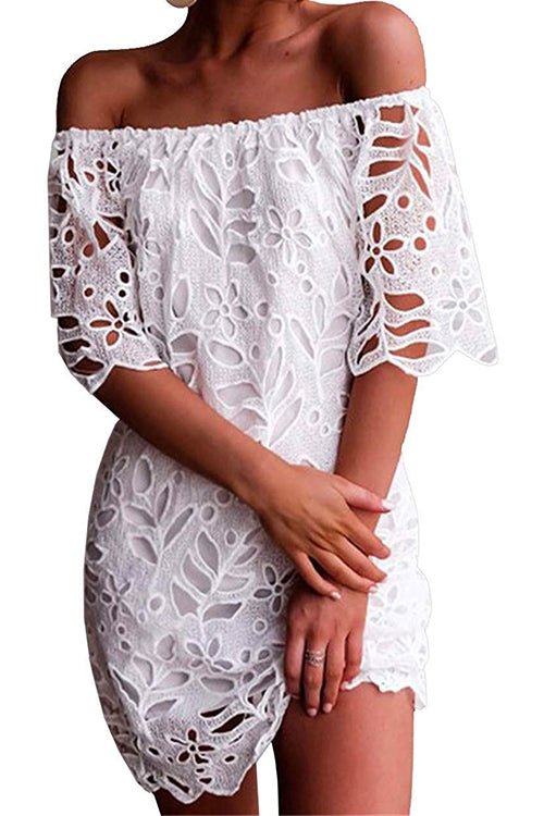 Margovil Off Shoulder Hollow Out Lace Shift Dress