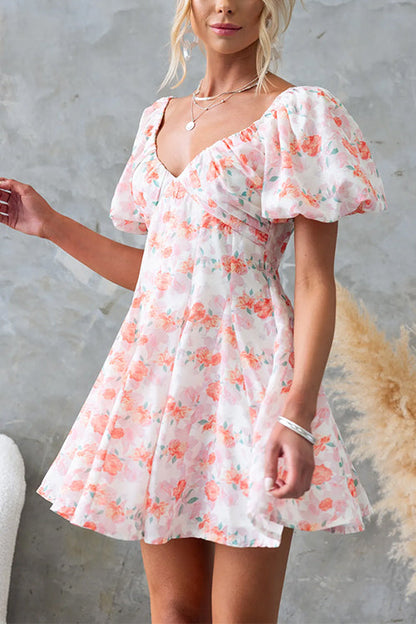 V Neck Puff Sleeves Backless Floral Print Mini Dress