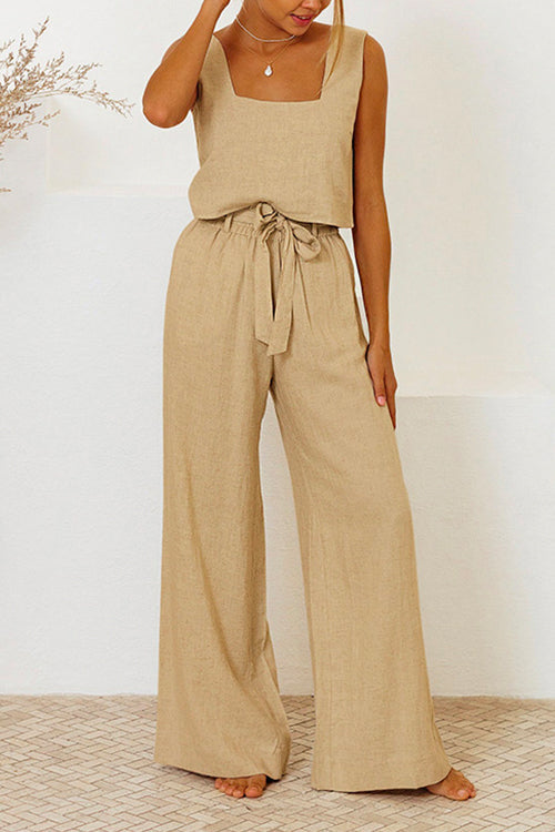 Margovil Square Collar Crop Tank Top Tie Waist Wide Leg Pants Cotton Linen Set