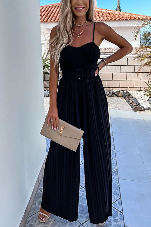 Margovil Spaghetti Strap Belted Pleated Wide Leg Jumpsuit