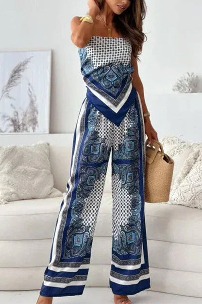 Margovil Tie Knot Backless Cami Top Wide Leg Pants Printed Set