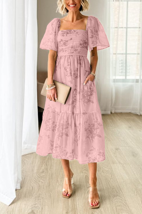 3 Colors Square Neck Short Sleeve Ruched Floral Midi Dress