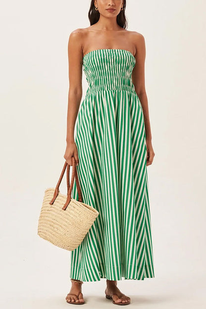 Margovil Strapless Smocked Tube Striped Maxi Dress