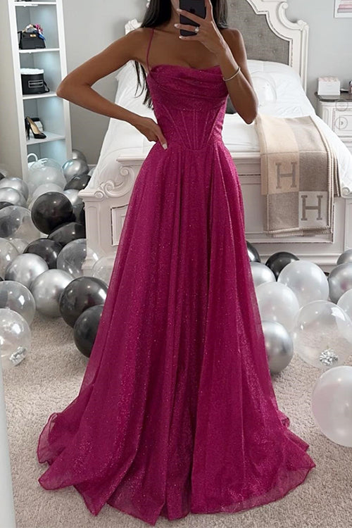 Robe longue de soirée en tulle scintillant à bretelles spaghetti Margovil