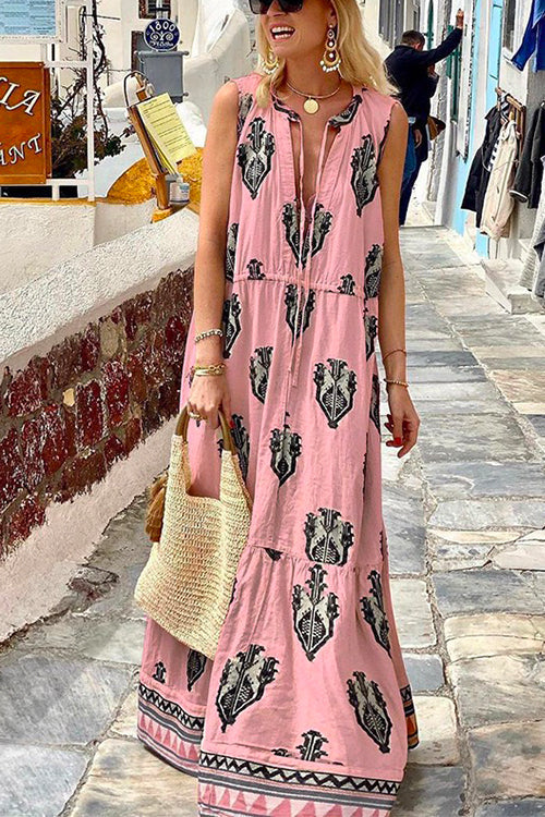 Margovil Tassle Deep V Neck Sleeveless Printed Maxi Swing Holiday Dress