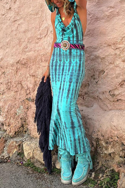 Margovil Cowl Neck Backless Tie Dye Hoodied Maxi Dress