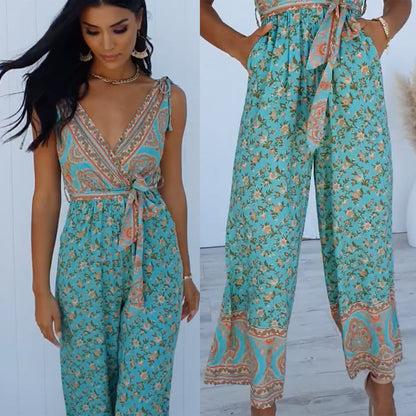 V Neck Sleeveless Tie Waist Wide Leg Floral Print Jumpsuit