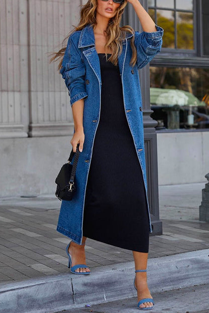 Margovil Lapel Double Breasted Long Denim Trench Coat