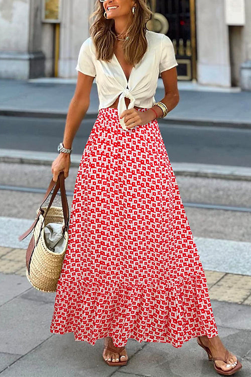 Margovil High Waist Printed Maxi Ruffle Swing Skirt