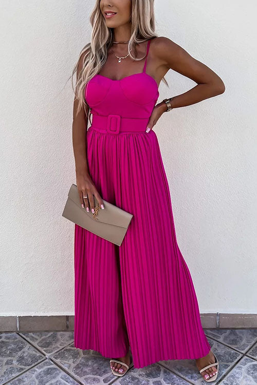 Margovil Spaghetti Strap Belted Pleated Wide Leg Jumpsuit