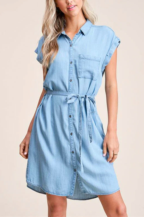 Margovil Short Sleeves Tie Waist Button Down Denim Shirt Dress