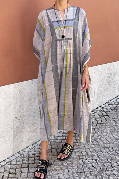 Margovil V Neck Batwing Sleeve Striped Kaftan Dress